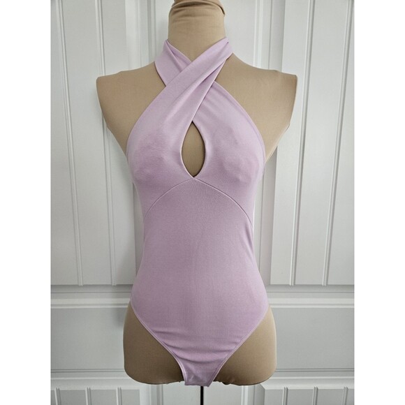 Zara Lavender Halter Bodysuit Size S Convertable Cotton Deep V Stretch NWT - Picture 1 of 9